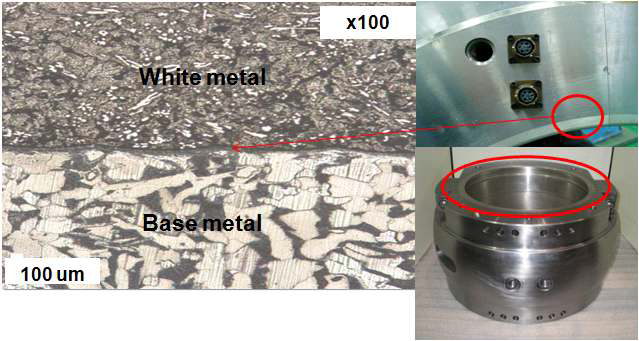 베이스 메탈과 화이트 메탈의 주조 융착 사진