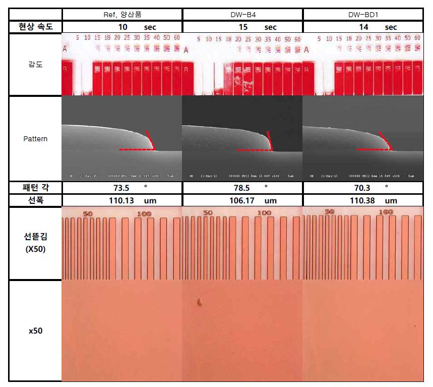 반응성 수지 도입 DW-BD1 Resist 평가 결과