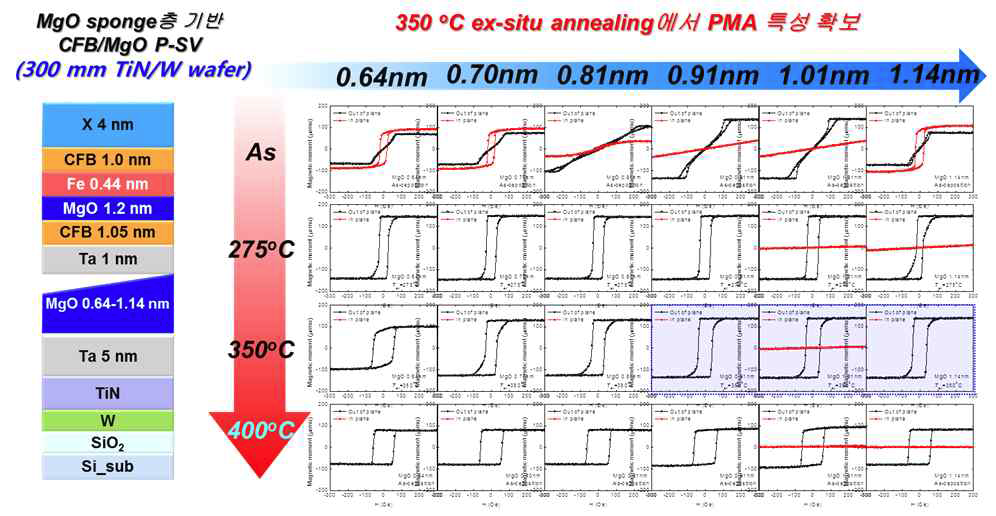 MgO sponge층이 두께에 따른 후속열처리온도별 CoFeB 수직자기이력곡선