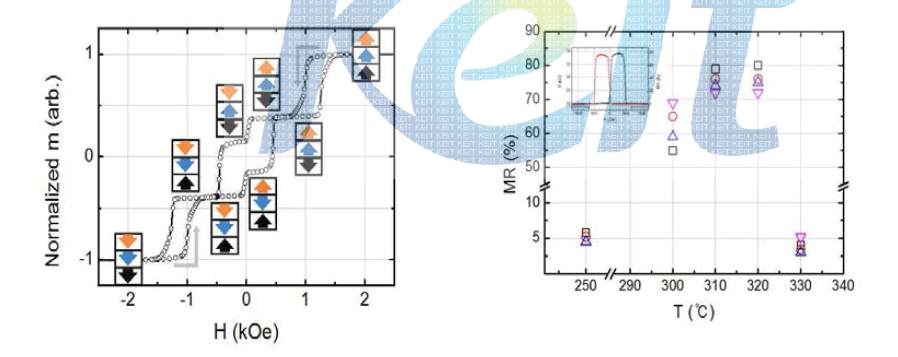 MgO/CoFeB/Pt/Hf/Pt/Ru 을 자유층으로 가지는 자기터널접합의 자기이곡선(좌)과 온도에 따른 자기저항의 변화(우)