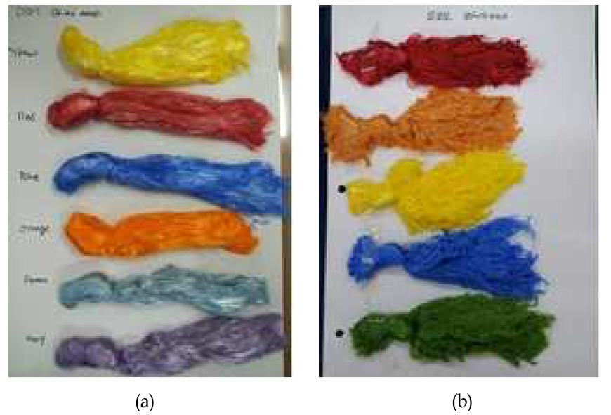 원사 별 염색 결과 : (a) DSM 社, (b) 도요보 社