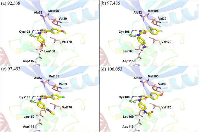 Hit 4종에 해당하는 저해제들의 TNIK 단백질과의 결합방식