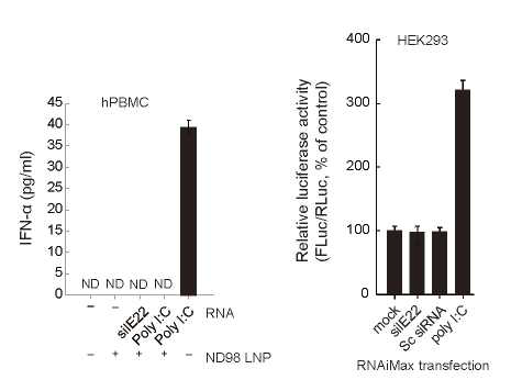 인간 PBMC와 HEK293 인터페론 베타 프로모터 활성 에세이용 벡터를 도입 후 처리한 siRNA나 double strand RNA인 polyI:C에 의한 선천성 면역반응 유도분석 결과.