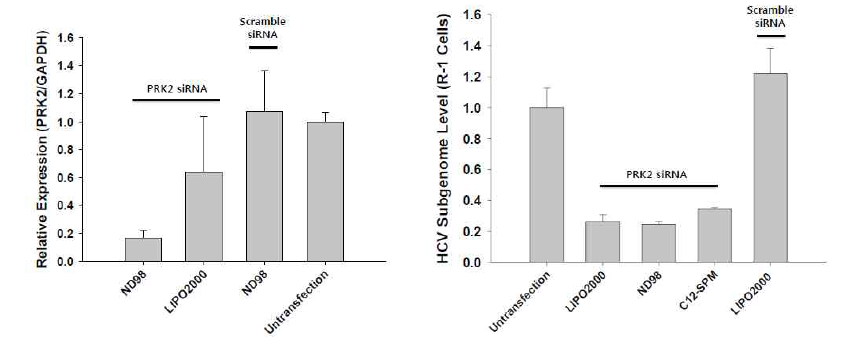 (좌측) ND98을 이용한 PRK2 siRNA 전달 후 인간 간세포주(Huh-7) 내 PRK2 발현 측정을 위한 정량적 PCR 분석(siRNA 전달 후 2일째에 측정). (우측) ND98을 이용하여 PRK2 siRNA를 HCV subgenome 보유 인간 간세포주(R1) 내로 전달한 후 관찰된 HCV 복제 감소(siRNA 전달 후 2일째에 측정).