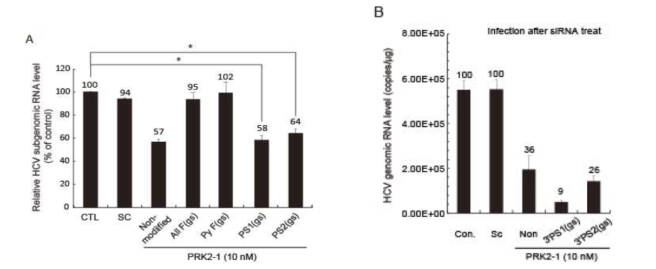siPRK2-1와 수식화 된 siPRK2-1의 HCV 복제 억제 효능 비교 평가