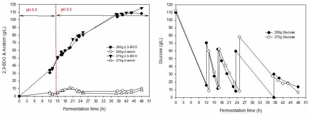 액상 타입의 CSL을 이용한 발효에서 Total Glucose 농도 (270, 280 g/L)에 따른 Levo type 2,3-BDO, acetoin 생성량