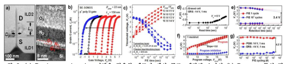 (a) Bandgap engineering 기법을 적용한 메모리 셀의 구조. 제작된 소자의 (b) Program 특성 및 (c) Erase 특성 (d) Read disturbance (e) Retention (f) Program inhibition 및 ISPP (g) Endurance