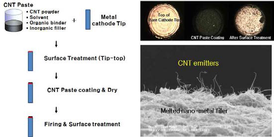 단일 팁 CNT 에미터 제작 공정 및 SEM 사진