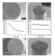 (a) 은 나노 접착제를 이용해 제작된 CNT　에미터 (b) (a)의 안정성 측정 결과, (c) (a)의 안정성 측정 후 SEM 이미지 (d) 금속 혼합 바인더를 이용해 제작된 CNT 에미터, (e) (d)의 안정성 측정 결과 (f) (d)의 안정성 측정 후 SEM 이미지