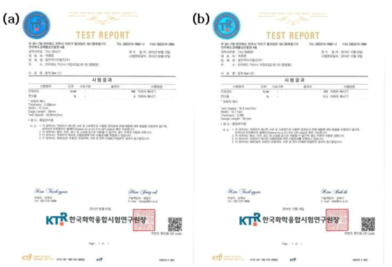 8㎛ pilot 시제품의 인장의뢰기관의 인장시험결과