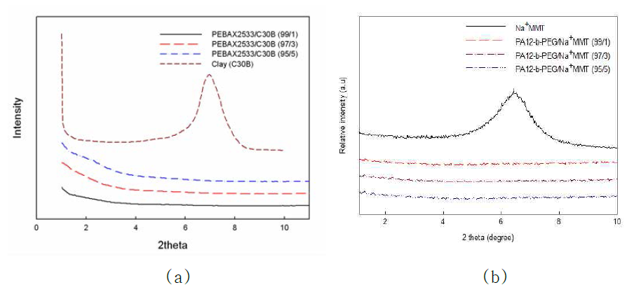 PA12-b-PTMG/clay (95/5) 나노복합체 (a), PA12-b-PEG/Na+MMT X-ray 패턴