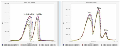 금속나노입자 3종을 이용한 신종플루 (3종)와 결핵 (2종)을 동시 측정한 전기화학적 Real-time PCR 신호 값