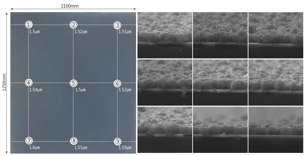 위치에 따른 CIS 박막의 두께 및 전자현미경 단면이미지
