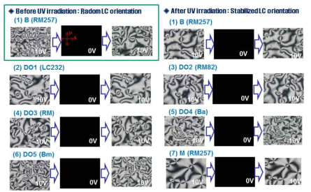 광반응성 액정 소재/배향막 복합계를 이용한 시편에서의 자외선 조사 전/후 편광 현미경 texture