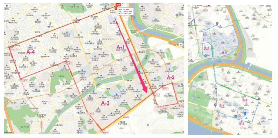 좌: 강남 테스트 구간, 우: 강북 테스트 구간