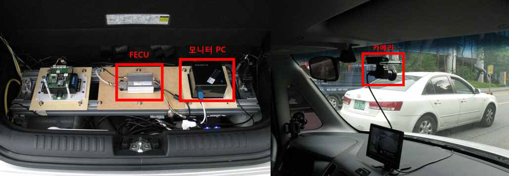 좌: 실험 장비(Trimble GPS+DR 장비, FECU, 모니터 PC), 우: 전방 촬영 카메라