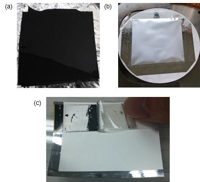 (a) 이형 PET위에 도포된 블랙층; (b) 블랙층위에 도포 된 실버박막; (c) 실버층의 박리