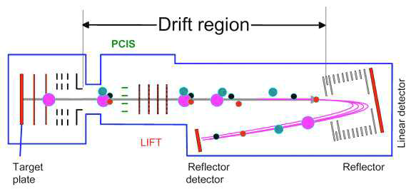 MALDI-TOF 이온 trajectory 모식도.