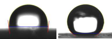 접촉각 측정 이미지 PP_증류수(좌), 카본블랙_증류수(우)