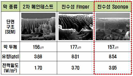 친수성 고분자 적용 PRO 분리막 성능 결과 비교