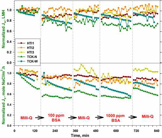 Fouling performance of the integrally asymmetric (HTI1 and HTI2) and thin film composite membranes (HTI3, TCK-N and TCK-W) in FO mode using Bovine Serum Albumins (BSA) as a foulant