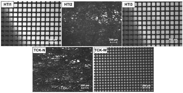 Microscopic images of bare nonwoven and woven fabrics of HTI1, HTI2, HTI3, TCK-N, and TCK-W membranes