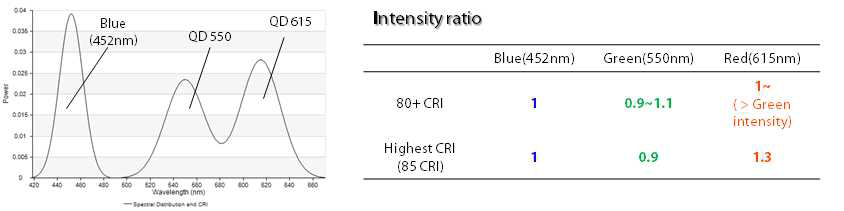 2가지 양자점을 이용할 경우 고연색성 필름의 스펙트럼 분포