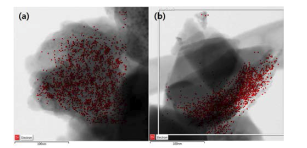 TEM-EDS 분석을 통한 함침 촉매(I-9Zn, a)와 침전 촉매(P-9Zn, b) 내의 Zn 담지 위치