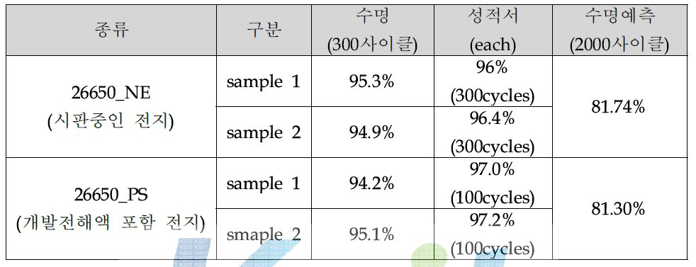 개발전해액이 포함된 전지의 수명특성