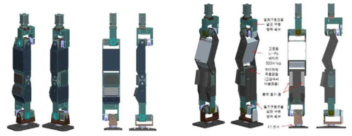 동작범위 및 토크 증대 하체 부 제안 당시 설계안(좌) 과 최종 설계(우)