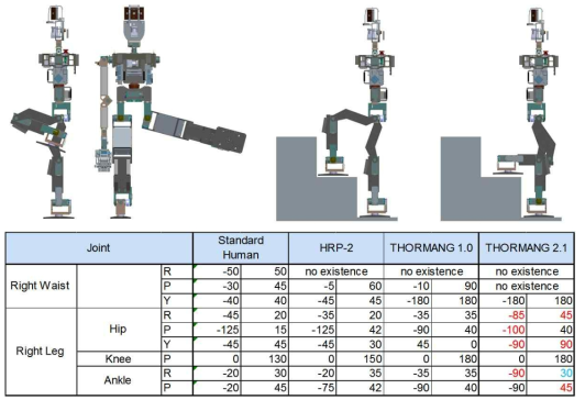 개선된 동작범위와 인간형 및 조족형 보행 구조의 하체부