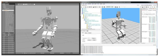 모델링된 로봇 플랫폼의 Gazebo (좌) Webot (우) 시뮬레이션