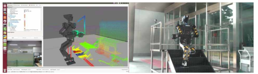 계단 오르기 임무의 수행 조작자 화면(좌) 및 실제 로봇 수행 화면(우)