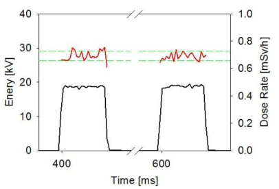 관전압 30 kV 일 때 20 ms 펄스를 0.2 s 간격으로 조사하면서 방출된 엑스선 측정