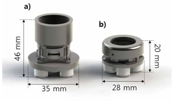 a) 기존 직경 35 mm 엑스선 튜브용 집속렌즈 일체형 나노 에미터 캐소드 b) 회전형 아노드 엑스선 튜브 적용을 위해 수정 설계 된 집속렌즈 일체형 나노에미터 캐소드