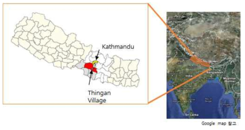 네팔의 수도인 카트만두와 연구 대상 지역인 팅간의 위치