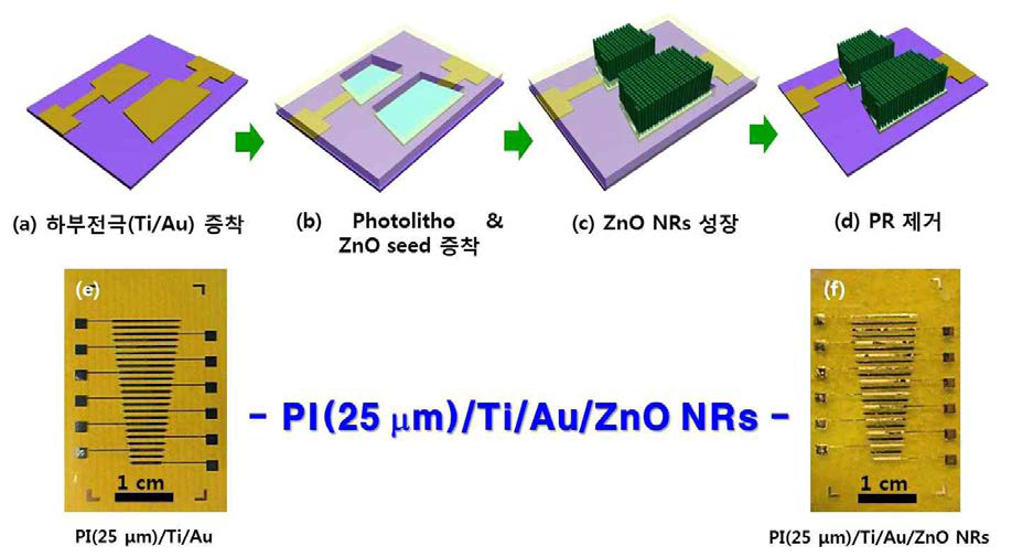 (a-d) PI 기판 위에서 ZnO 나노필라 압전소자 제작을 보여주는 공정도, (e) PI 기판 위에 증착된 Ag 전극을 나타내는 이미지, (f) Ag 전극 위에 선택적 성 장된 ZnO 나노필라를 가진 압전소자 이미지.