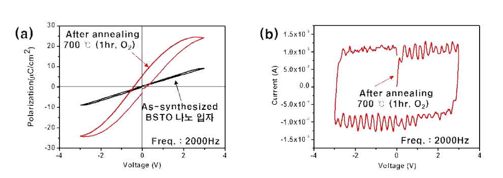 (a) 상부전극/BSTO 나노입자 필름/SiO2/Si기판 구조에서 700 ℃ 구조 에서 열처리된 나노입자와 As-synthesized 나노입자 필름 히스테리 곡선의 Polarization(μC/cm2) 특성, (b) 상부전극/BSTO 나노입자 필름/SiO2/Si기판 구조 에서 700 ℃ 구조에서 열처리된 나노입자 필름의 누설 전류.