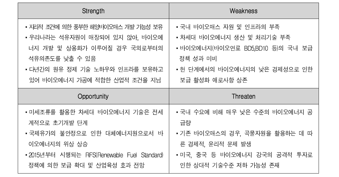 바이오 에너지 분야 SWOT 분석 결과