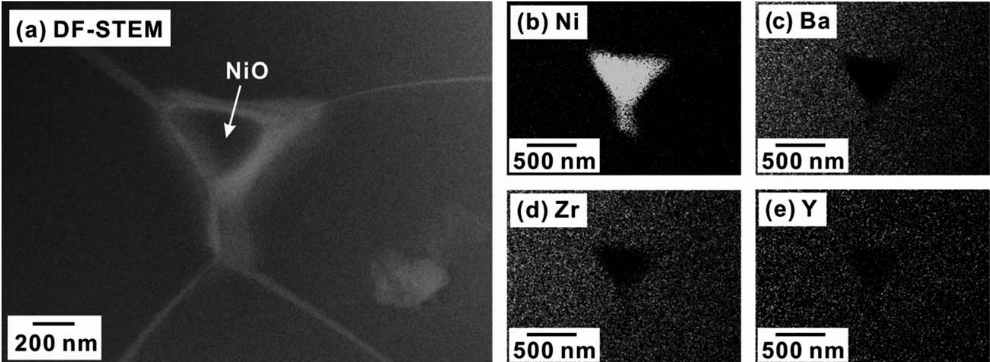 NiO를 첨가한 BaZrO3계 전해질의 STEM 이미지 및 EDS elemental Mapping 결과