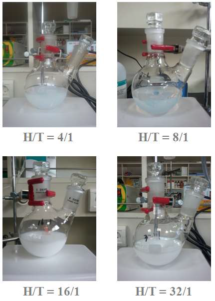 H/T (H2O 추가 첨가) 에 따른 실리카(SiO2)나노물질 반응 사진.