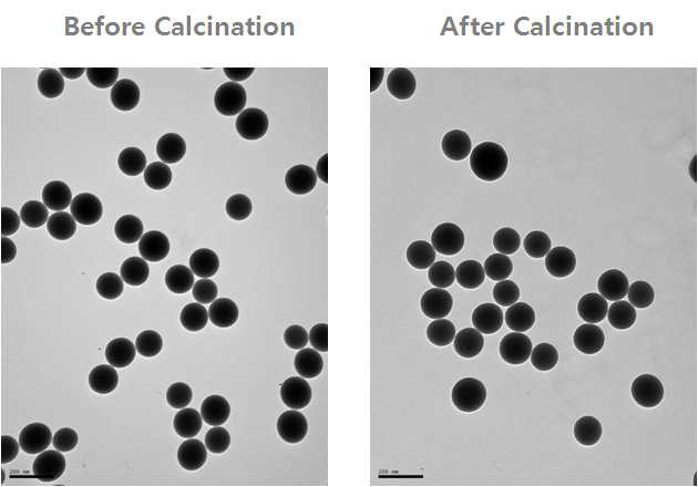 600 ℃ 열처리 전·후의 SiO2 나노물질(silica-150) 의 TEM 결과 (bar 길이 = 200 ㎚).