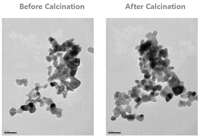저온 열처리 전·후의 타이타니아(TiO2) 나노물질(Degussa, P25) 의 TEM 결과 (bar 길이 = 50 ㎚).