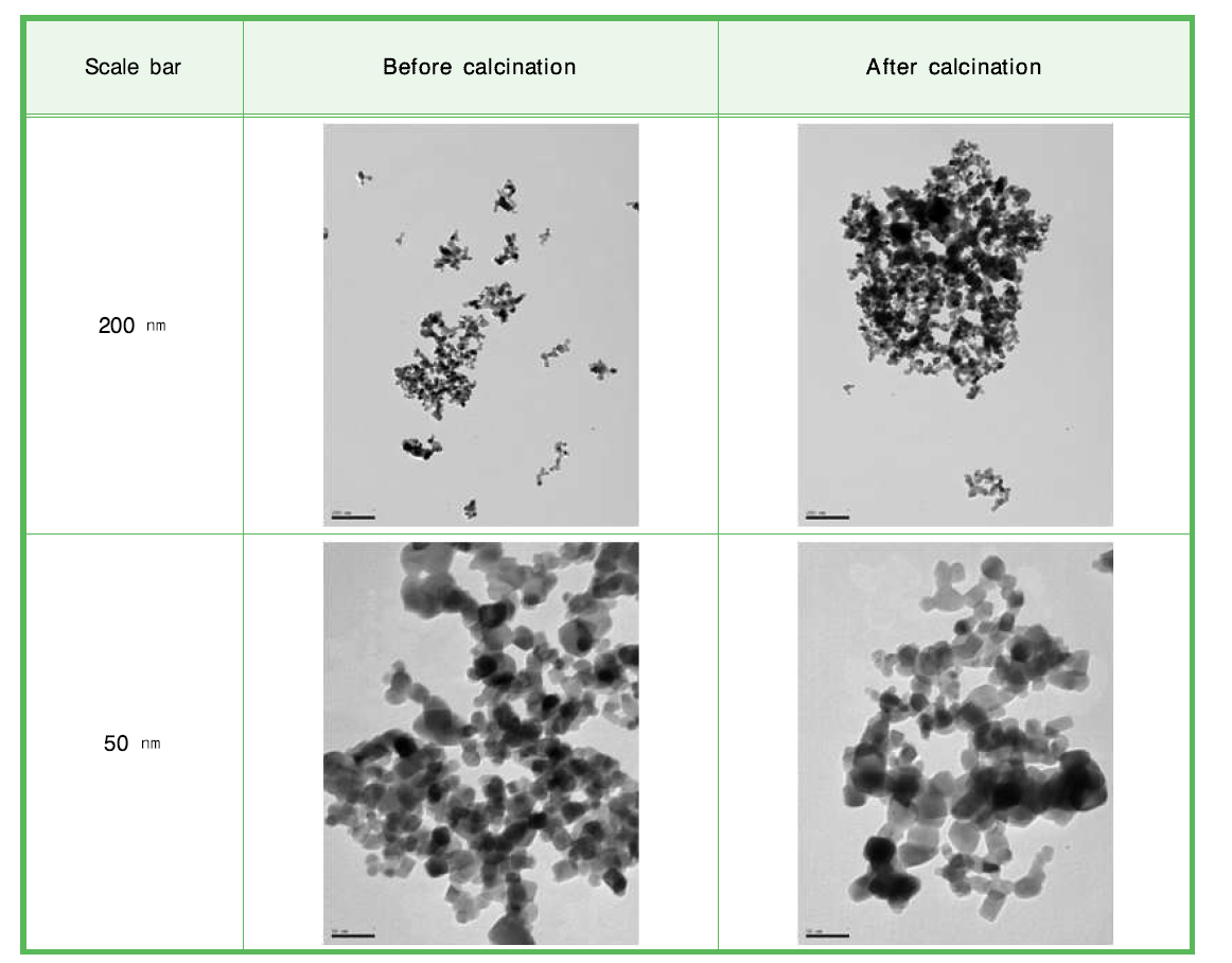 저온 열처리 전·후의 타이타니아(TiO2) 나노물질(Degussa, P25) 의 재연실험 TEM 측정 결과 (2차).