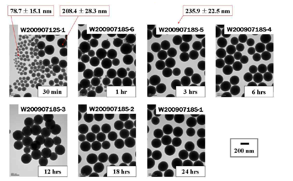 반응 시간을 변화시켜 합성한 SiO2 실리카 나노입자의 TEM 결과