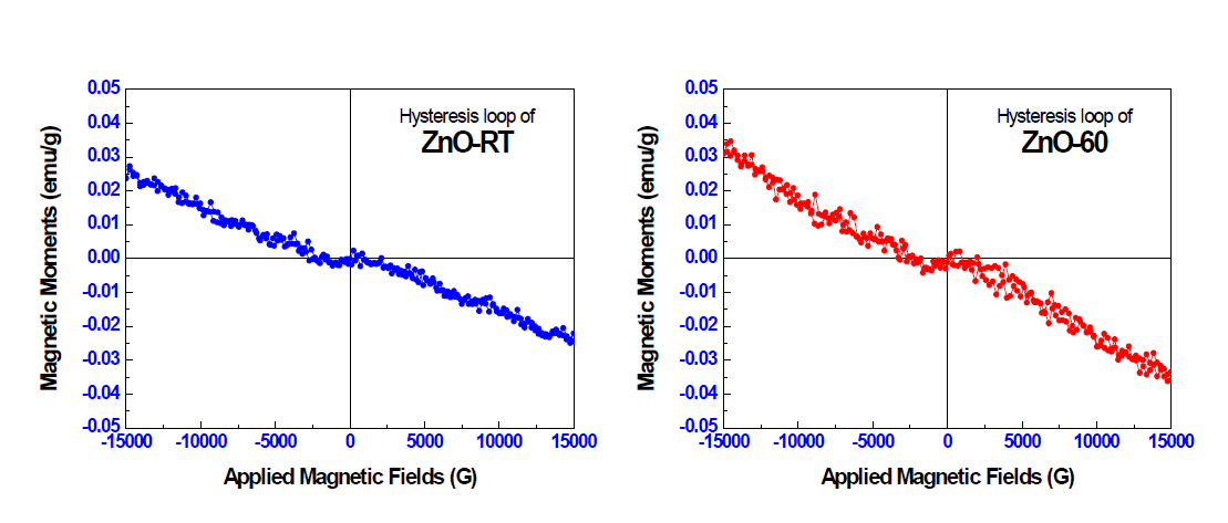 상온(R.T) 과 60 ℃에서 제조된 분말 ZnO 의 VSM 결과