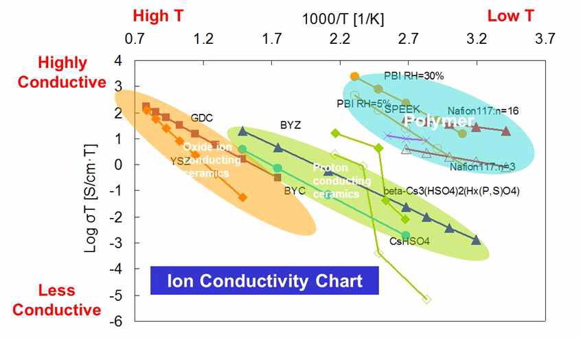 연료 전지용 전해질 재료 이온 전도도 비교 그래프