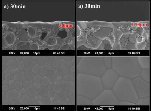 3μm의 전해질 단면과 표면의 SEM 사진