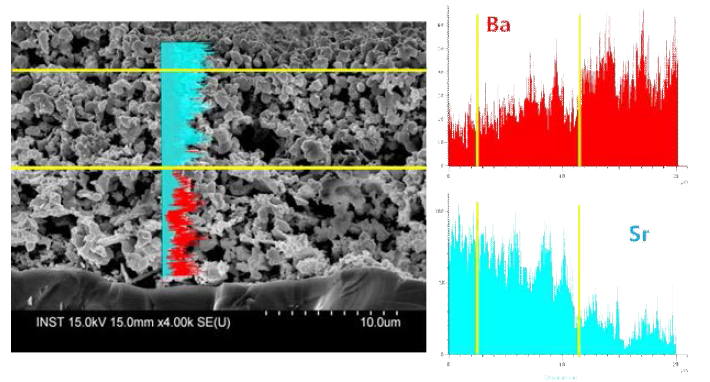 EDS 측정을 통해 분석한 경사구조 양극의 Ba과 Sr의 조성 분포