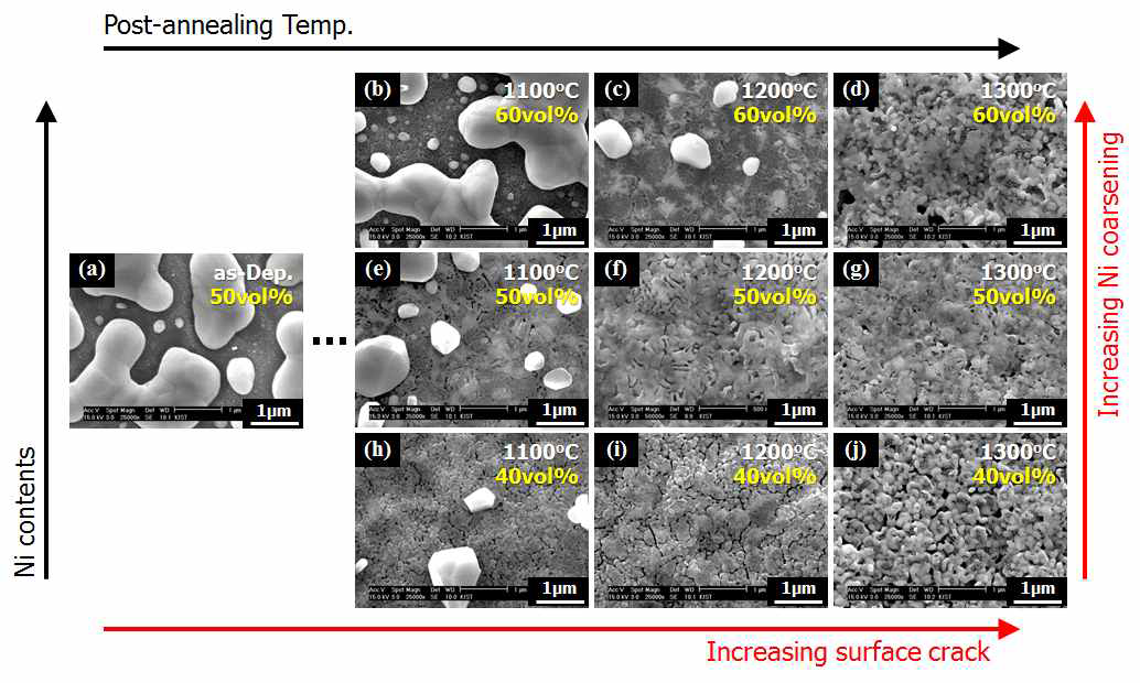 박막 NiO-BZY 음극 중간층의 모든 공정 변수(후열처리 온도와 NiO-BZY 조성)가 적용되었을 때의 환원 후 SEM 표면 이미지